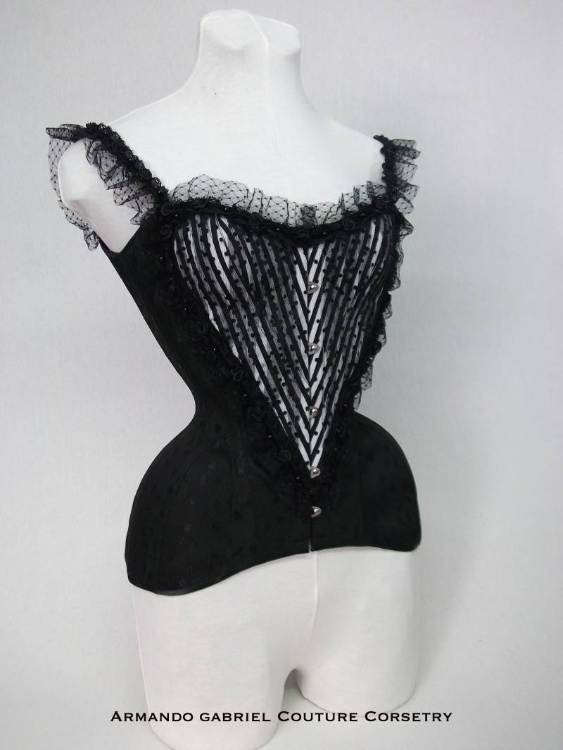 Korsett Belle Epoque-Jugend Nouveau Korsett-Schwarze Polka Dot Korsett-Schwarz Netz-Schwarze Baumwolle Coutil Korsett-Burlesque von AGCoutureCorsetry