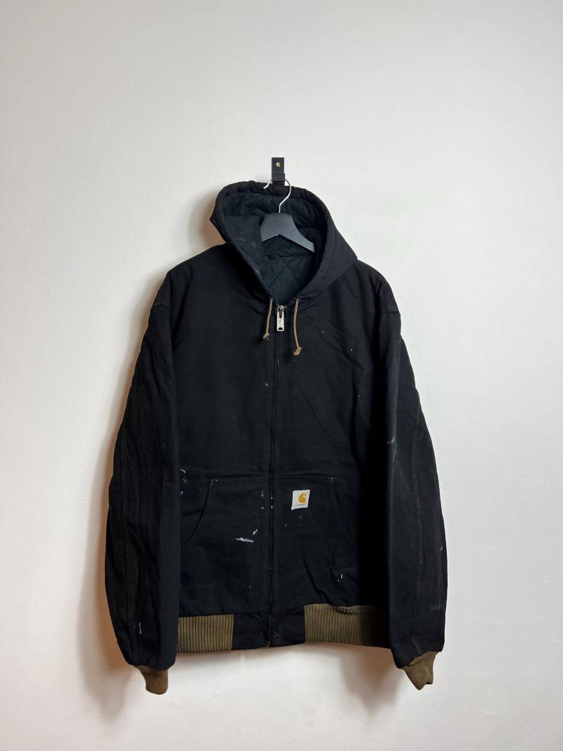 Carhartt Active Jacket Xl Black Olive Green Denim Workwear Bomber Paintsplatter von AGEDvntg