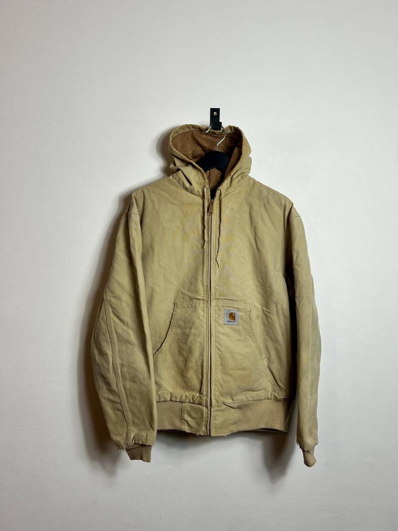 Vintage Carhartt Active Jacket M L Beige Distressed Denim Hooded Bomber 90S Made in Usa von AGEDvntg