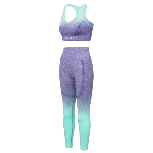 AGILEX Damen Workout Outfit/Sportanzug/Trainingsanzug für Krafttraining/Yoga 2-teilig Scrunch Butt Leggings Squatproof und Sports Bra/Sport BH (purple/green Größe S) von AGILEX