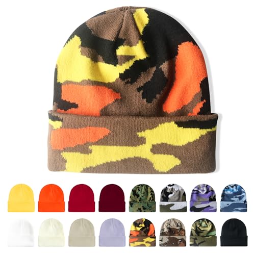 AGLIFEFY Wintermütze, Acryl, Strick, Bündchen, einfarbig, Totenkopfmütze, warme Beanies für Damen und Herren, Camo Orange, Einheitsgr��e von AGLIFEFY