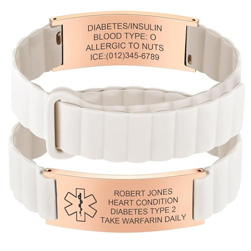 AGOLOOD Personalisiertes Medizinisches Notfallarmband Herren Damen,Wasserdichtes Silikon SOS ID Armband mit Gravur Name Telefonnummer,Sicherheitsarmband Diabetes Epilepsie Allergie (Roségold+Weiß) von AGOLOOD