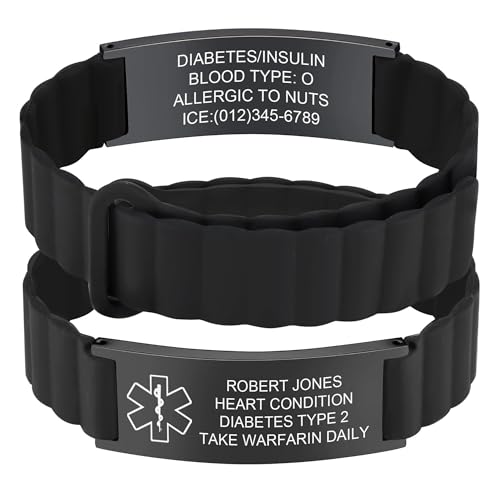 AGOLOOD Personalisiertes Medizinisches Notfallarmband Herren Damen,Wasserdichtes Silikon SOS ID Armband mit Gravur Name Telefonnummer,Sicherheitsarmband Diabetes Epilepsie Allergie (Schwarz) von AGOLOOD