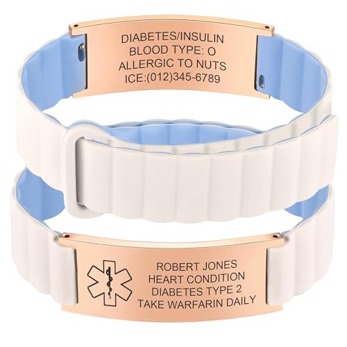 Personalisiertes Medizinisches Notfallarmband Herren Damen,Wasserdichtes Silikon SOS ID Armband mit Gravur Name Telefonnummer,Sicherheitsarmband Diabetes Epilepsie Allergie (Roségold+Weiß+Blau) von AGOLOOD
