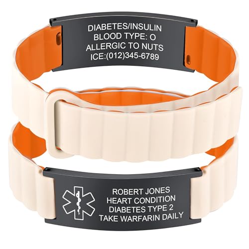 Personalisiertes Medizinisches Notfallarmband Herren Damen,Wasserdichtes Silikon SOS ID Armband mit Gravur Name Telefonnummer,Sicherheitsarmband Diabetes Epilepsie Allergie (Schwarz+Weiß+Orange) von AGOLOOD