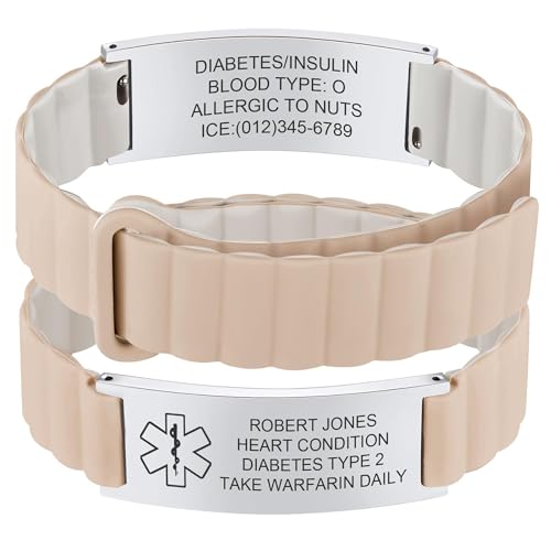 Personalisiertes Medizinisches Notfallarmband Herren Damen,Wasserdichtes Silikon SOS ID Armband mit Gravur Name Telefonnummer,Sicherheitsarmband Diabetes Epilepsie Allergie (Silber+Khaki+Grau) von AGOLOOD