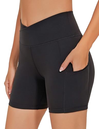 AGONVIN Atmungsaktive Crossover-Yoga-Biker-Shorts für Damen mit hoher Taille und Taschen Schwarz S von AGONVIN
