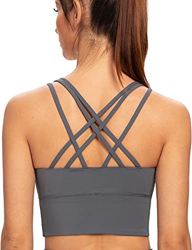 AGONVIN Damen Longline Strappy Gepolsterte Medium Support Training Top Sport BH Eisen grau L Große Größen von AGONVIN