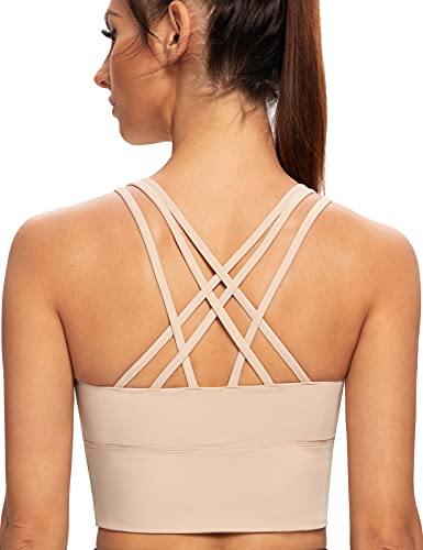 AGONVIN Damen Longline Strappy Gepolsterte Medium Support Training Top Sport BH Hell beige XL Große Größen von AGONVIN