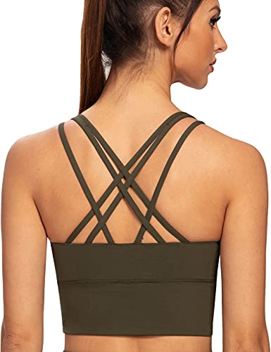 AGONVIN Damen Longline Strappy Gepolsterte Medium Support Training Top Sport BH Olivgrün L Große Größen von AGONVIN