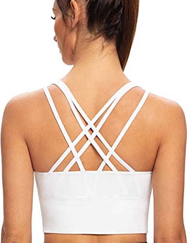 AGONVIN Damen Longline Strappy Gepolsterte Medium Support Training Top Sport BH Weiß L Große Größen von AGONVIN