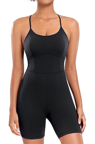 AGONVIN Damen Workout Spaghetti-Träger Rompers Shorts Bauchkontrolle Einteiler Jumpsuit Schwarz XS von AGONVIN