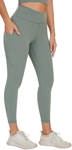 AGONVIN Yoga-Leggings mit überkreuzter Taille für Damen, weiche Sportstrumpfhose mit Tasche Matcha-Grün M von AGONVIN