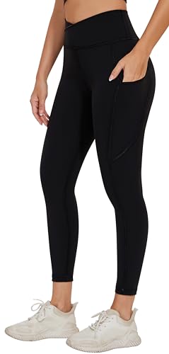 AGONVIN Yoga-Leggings mit überkreuzter Taille für Damen, weiche Sportstrumpfhose mit Tasche Schwarz XL von AGONVIN