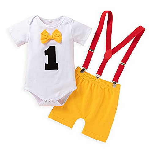 AGQT Baby 1. Geburtstag Junge Outfit,Baumwolle Gentleman Fliege Kuchen Smash Geburtstag Outfits Foto Requisiten Strampler + Shorts Gelb 9-12 Monate von AGQT