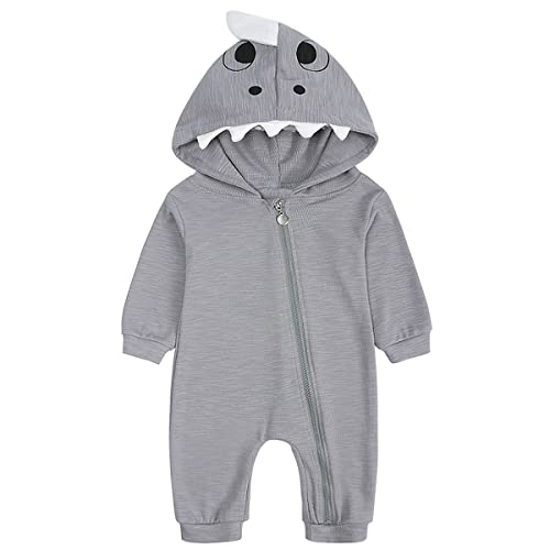 AGQT Baby Boys Cartoon Strampler mit Kapuze Tierkostüm Fasching Langarm Strampler Einteilig Reißverschluss Herbst Winter Jumpsuit Grau Größe 0-3 Monate von AGQT