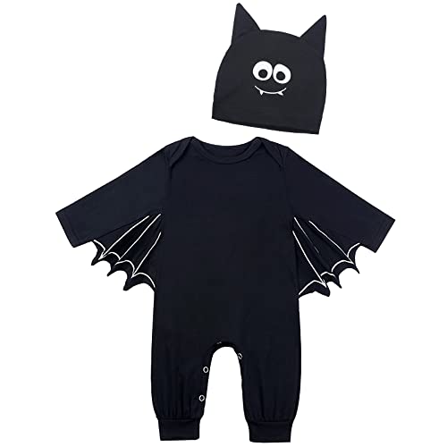 AGQT Baby Halloween Fledermaus Kostüm Mädchen Jungen Strampler mit Ear Hut Halloween Karneval Kostüme Outfits Langarm 2 Stück Strampler Größe 18-24 Months(Z2100) von AGQT