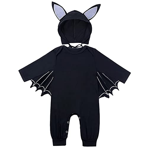AGQT Baby Halloween Strampler Overall Baby Fledermaus Kostüm mit Ear Hut Kostüme Outfits Langarm 2 Stück Karneval Strampler Für Jungen Mädchenr Größe 6-12 Months(Z180) von AGQT