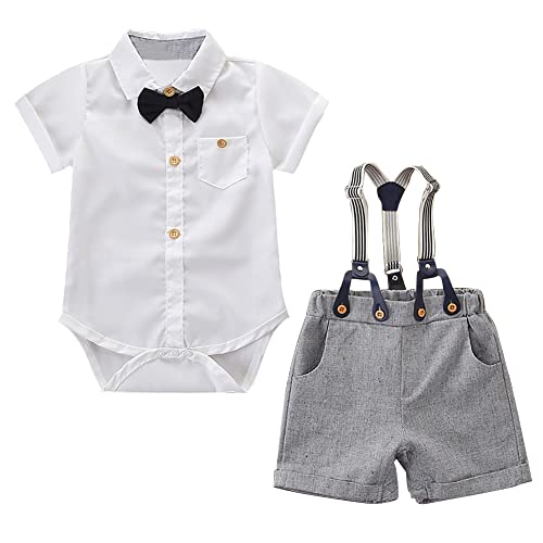 AGQT Baby Jungen Weihnachten Outfit Strampler Bekleidungssets Gentleman Anzug Kurzarm Strampler + Hosenträger + Fliege Festliche Taufe Hochzeit Formell Set Weiß 18-24 Jahre von AGQT