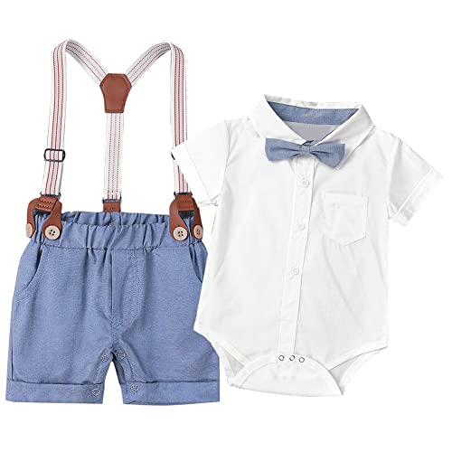 AGQT Baby Jungen Bekleidungssets Gentleman Anzug Kurzarm Strampler + Hosenträger + Fliege Festliche Taufe Hochzeit Formell Set Weiß 3-6 Monate von AGQT