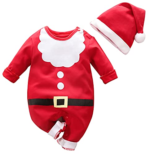 AGQT Baby Jungen Weihnachtsmann Kostüm,Langarm Strampler mit Mütze Weihnachtskleidung Rot Größe 18-24 Monate(90) von AGQT