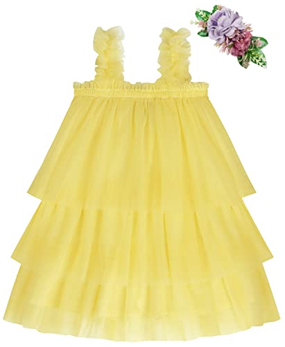 AGQT Baby Kleinkind Mädchen Tütü Kleider Schicht Tüllkleid Ärmellos Prinzessin Kleid Geburtstag Hochzeit Partykleid mit Blume Stirnband Gelb Größe 12-18 Monate von AGQT