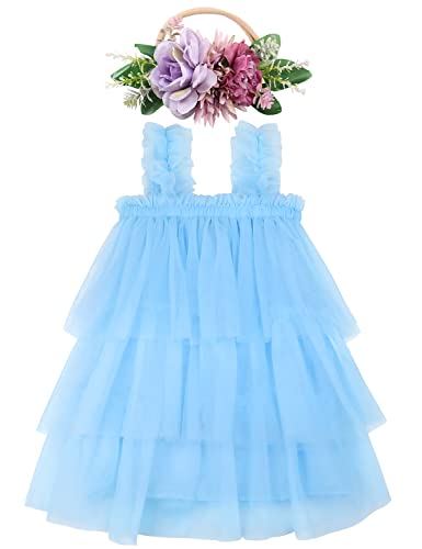 AGQT Baby Kleinkind Mädchen Tütü Kleider Schicht Tüllkleid Ärmellos Prinzessin Kleid Geburtstag Hochzeit Partykleid mit Blume Stirnband Hellblau Größe 3-4 Jahr von AGQT