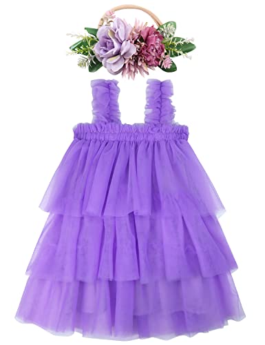 AGQT Baby Kleinkind Mädchen Tütü Kleider Schicht Tüllkleid Ärmellos Prinzessin Kleid Geburtstag Hochzeit Partykleid mit Blume Stirnband Hellviolett Größe 3-4 Jahr von AGQT