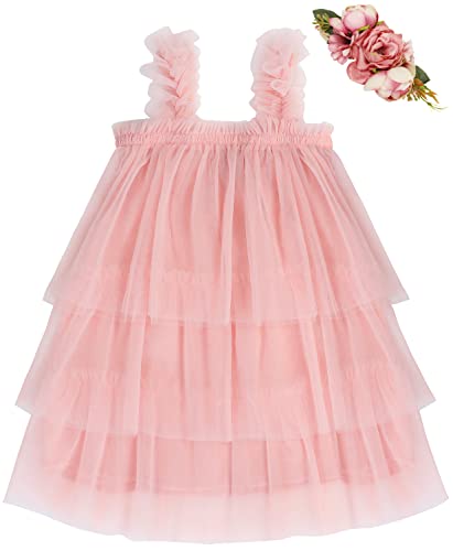 AGQT Baby Kleinkind Mädchen Tütü Kleider Schicht Tüllkleid Ärmellos Prinzessin Kleid Geburtstag Hochzeit Partykleid mit Blume Stirnband Rosa Größe 18-24 Monate von AGQT