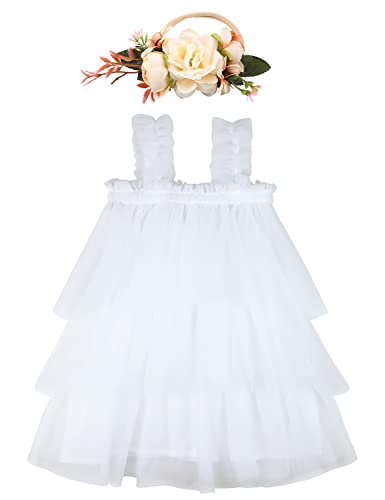 AGQT Baby Kleinkind Mädchen Tütü Kleider Schicht Tüllkleid Ärmellos Prinzessin Kleid Geburtstag Hochzeit Partykleid mit Blume Stirnband Weiß Größe 3-4 Jahr von AGQT