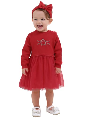 AGQT Baby Langarm Strick Weihnachten Tutu Kleid Infant Princess Pullover Tüll Kleid Stern Herbst Winter Warm Kleid mit Stirnband Größe 2-3 Jahre von AGQT