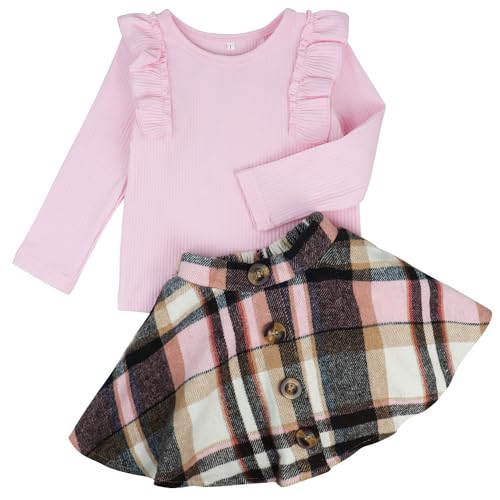 AGQT Baby Mädchen Bekleidungssets Langarm Rüschen Oberteil + A-Linie Kariertes Rock Set Kleinkind Mädchen Mode Herbst Winter Kleidung 2Pcs Outfits Set Rosa 3-4 Jahre von AGQT