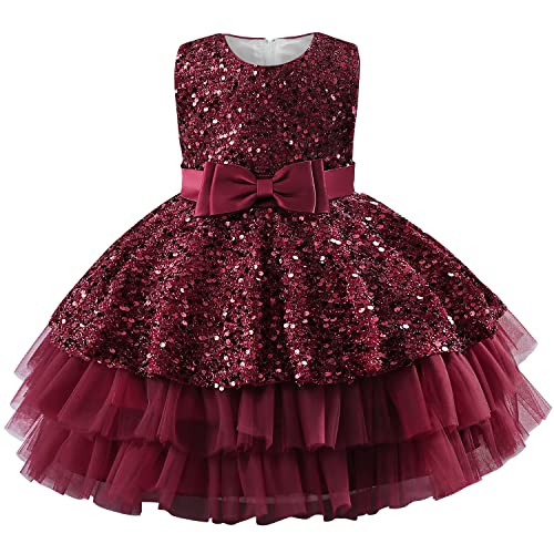 AGQT Baby Mädchen Kleid Prinzessin Pailletten Bowknot Festliches Kleid Mädchen Ärmelloses Tüll Tutu Hochzeit Taufkleid Geburtstag Partykleid Rotwein Größe 12-18 Monate von AGQT