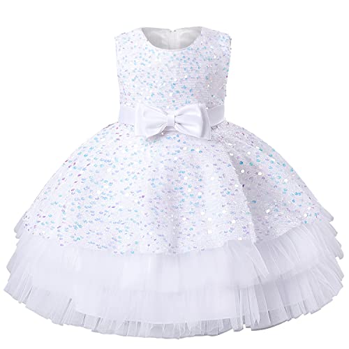 AGQT Baby Mädchen Kleid Prinzessin Pailletten Bowknot Festliches Kleid Mädchen Ärmelloses Tüll Tutu Hochzeit Taufkleid Geburtstag Partykleid Weiß Größe 12-18 Monate von AGQT