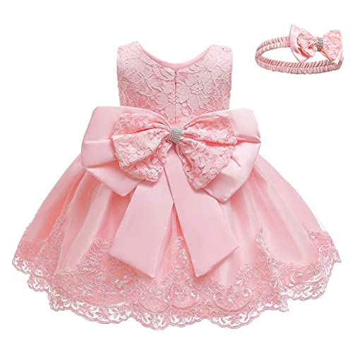 AGQT Baby Mädchen Kleid mit großer Schleife, ärmellos, Taufkleid,Geburtstagsparty-Kleid, Blumenmädchen, Festzug, Taufe, Hochzeit, Tutu-Kleid, Rosa, einfarbig, Größe 3–6 Monate von AGQT