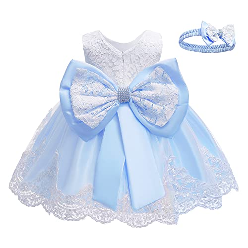 AGQT Baby Mädchen Kleid mit großer Schleife, ärmellos, Taufkleid,Geburtstagsparty-Kleid, Blumenmädchen, Festzug, Taufe, Hochzeit, Tutu-Kleid,Weiß+Hellblau Größe 3–6 Monate von AGQT