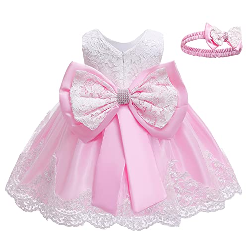 AGQT Baby Mädchen Kleid mit großer Schleife, ärmellos, Taufkleid,Geburtstagsparty-Kleid, Blumenmädchen, Festzug, Taufe, Hochzeit, Tutu-Kleid,Weiß+Hellrosa Größe 3–6 Monate von AGQT