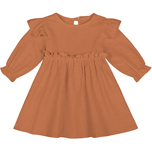 AGQT Baby Mädchen Langarm Kleid Blumenmädchen Rüschen Ärmel Baumwollleinen A-Linie Freizeit Kleid Herbst und Winter Festliches Kleid Orange 1-2 Jahre von AGQT