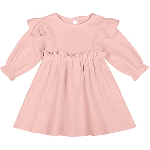 AGQT Baby Mädchen Langarm Kleid Blumenmädchen Rüschen Ärmel Baumwollleinen A-Linie Freizeit Kleid Herbst und Winter Festliches Kleid Rosa 2-3 Jahre von AGQT