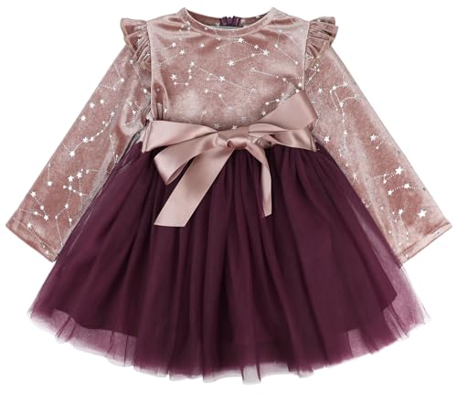 AGQT Baby Mädchen Langarm Samtkleid Prinzessin Tutu Rüschen Schleife Kleider Winter Kleid Mit Glitzer Weihnachten Hochzeit Festlich Geburtstag Party Bohnenrosa Größe 2–3 Jahre von AGQT