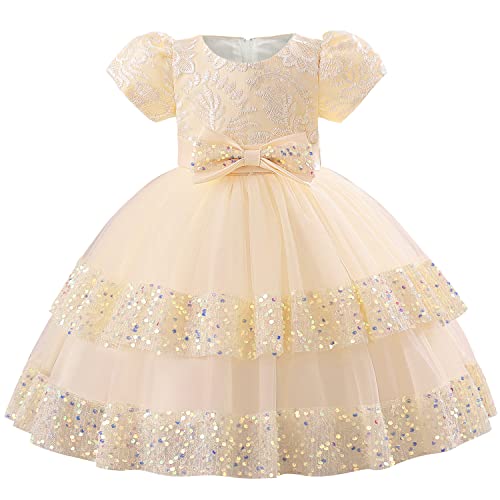 AGQT Baby Mädchen Prinzessin Kleid Tutu Tüll Kleid Big Bowknot Stickerei Bubble Sleeve Pailletten Elegantes Kleid Geburtstags Taufkleid Aprikose Größe 12-18 Monate von AGQT