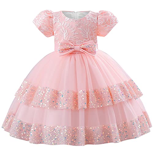 AGQT Baby Mädchen Prinzessin Kleid Tutu Tüll Kleid Big Bowknot Stickerei Bubble Sleeve Pailletten Elegantes Kleid Geburtstags Taufkleid Rosa Größe 12-18 Monate von AGQT