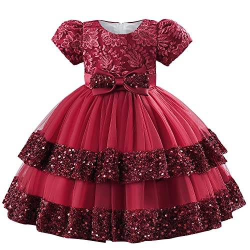 AGQT Baby Mädchen Prinzessin Kleid Tutu Tüll Kleid Big Bowknot Stickerei Bubble Sleeve Pailletten Elegantes Kleid Geburtstags Taufkleid Rotwein Größe 12-18 Monate von AGQT