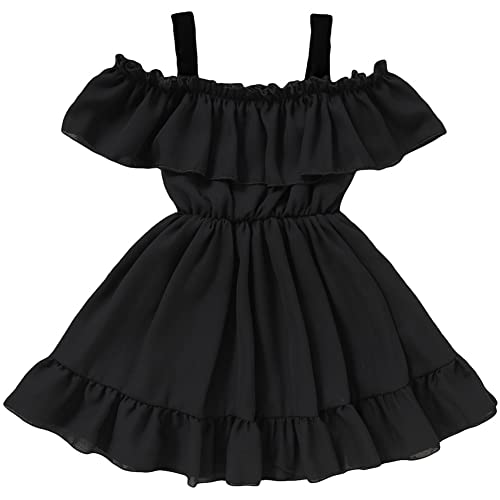 AGQT Baby Mädchen Sommer Schulterfrei Chiffon Kleid Strandbekleidung Freizeitkleid Rüste Tunika Schwarz Größe 1-2 Jahre von AGQT