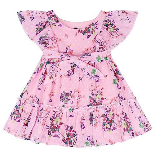 AGQT Baby Mädchen Sommerkleid Rüschen Ärmel A-Linie Blumenmädchen Kleid mit Gürtel Prinzessin Partykleid Hochzeit Fußball Rosa Grüne Orangen BlütenGröße 1-2 Jahre von AGQT