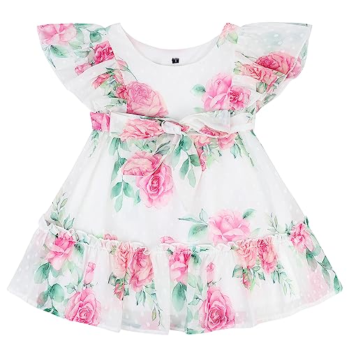 AGQT Baby Mädchen Sommerkleid Rüschen Ärmel A-Linie Blumenmädchen Kleid mit Gürtel Prinzessin Partykleid Hochzeit Weiß Fußballpurpur Rose Größe 1-2 Jahre von AGQT