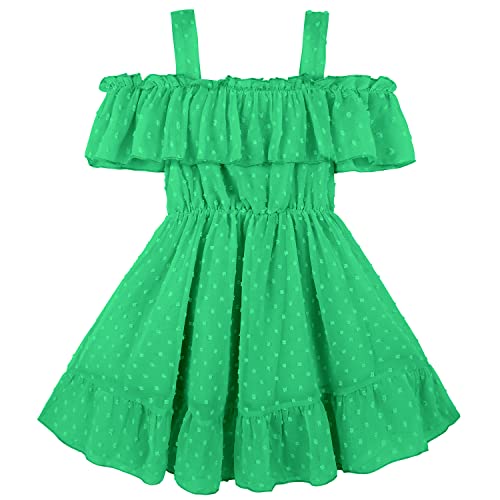 AGQT Baby Mädchen Sommerkleid Schulterfrei Chiffon Kleid A-Linie Freizeitkleid Festlich Hochzeit Partykleid Wellenpunkt Grün Größe 1-2 Jahre von AGQT