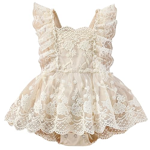 AGQT Baby Mädchen Spitzen Strampler Kleid Taufkleid Mädchen Rüsche Ärmellos Tütü Tüllkleid Taufe Geburtstag Festliches Kostüme Aprikose Größe 12–18 Monate von AGQT