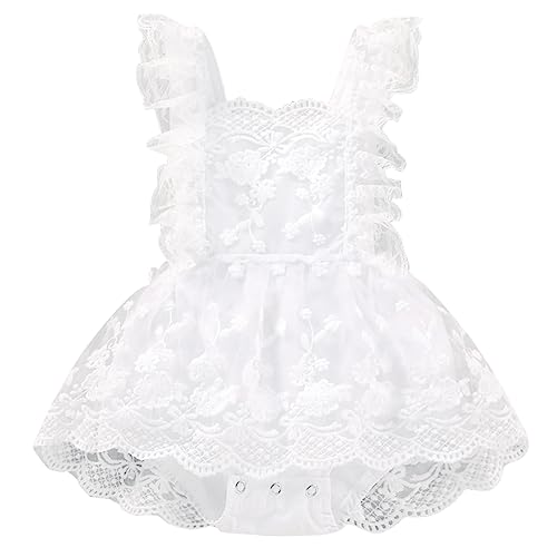 AGQT Baby Mädchen Spitzen Strampler Kleid Taufkleid Mädchen Rüsche Ärmellos Tütü Tüllkleid Taufe Geburtstag Festliches Kostüme Weiß Größe 12–18 Monate von AGQT