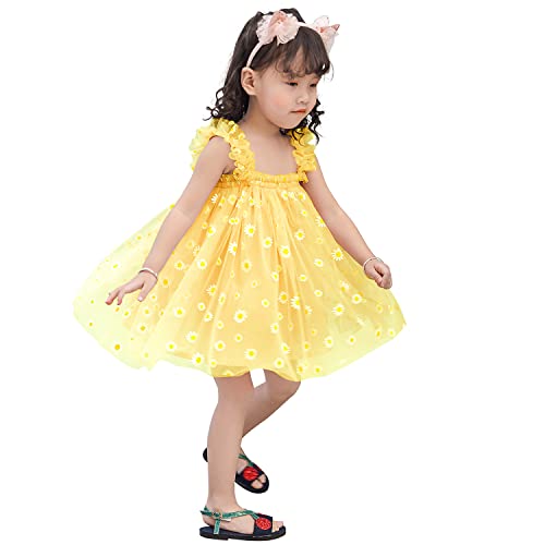 AGQT Baby Mädchen Tüll Kleid,Infant Partykleid Ärmelloses Tutu Geburtstag Kleid Gänseblümchen-Spitze Blumenmädchen Kleid Gänseblümchen Gelb Große 9-12 Monate von AGQT